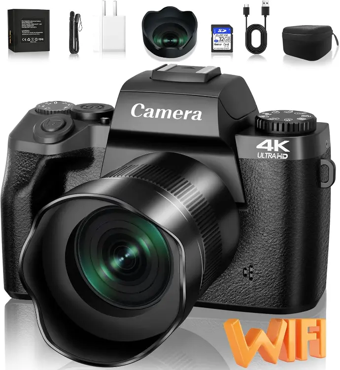Caméra Saneen 4K 64MP avec écran tactile et WiFi. Caméra numérique Saneen 4K 64MP – Idéale pour la photographie et le vlogging avec écran tactile, WiFi, flash, et batterie longue durée. Livrée avec carte 32GB et pare-soleil.