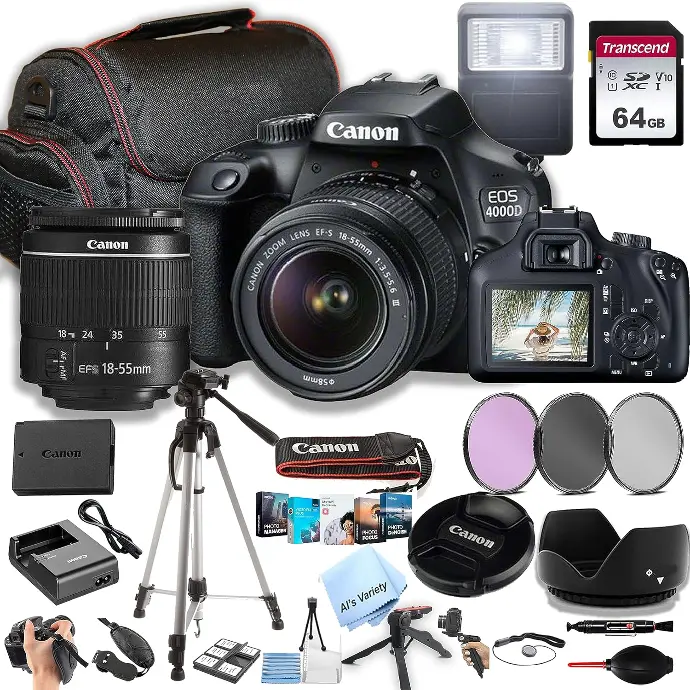 Canon EOS 4000D DSLR avec objectif 18-55mm et accessoires (34 pièces). Canon EOS 4000D / Rebel T100 DSLR Bundle – Capturez des photos et vidéos de qualité professionnelle avec cet ensemble complet. Inclut un objectif 18-55mm, carte 64GB, filtres, trépied, flash, et plus (34 pièces). Idéal pour débutants et passionnés