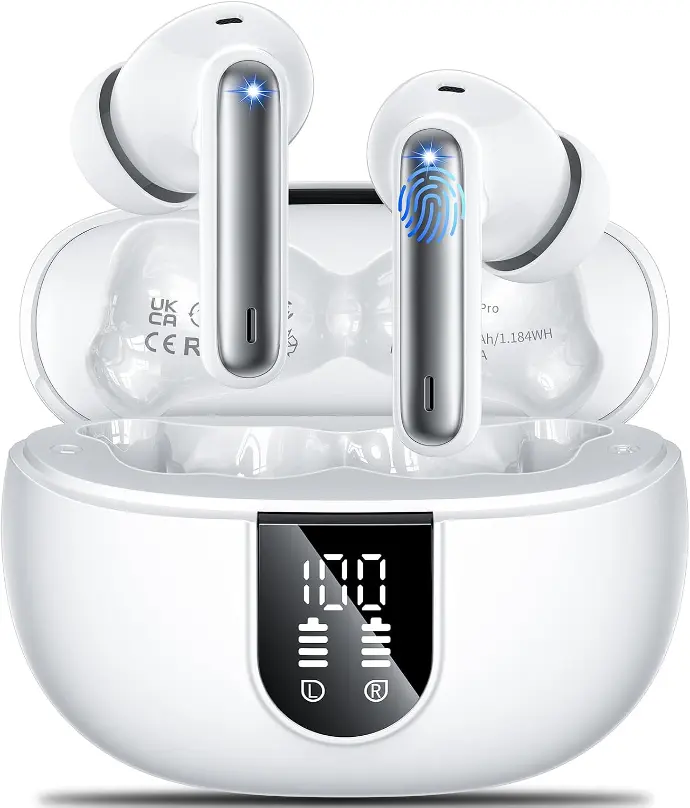 Écouteurs Bluetooth 5.3 : 42H d'autonomie, IPX6 étanche, son stéréo Hi-Fi. Écouteurs sans fil Bluetooth 5.3 avec 4 microphones à réduction de bruit, offrant un son Hi-Fi stéréo et un affichage LED.