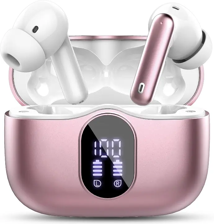 Écouteurs sans fil Bluetooth 5.3 : 36H d'autonomie, IP7 étanche, stéréo à basses, rose doré. Image airpod